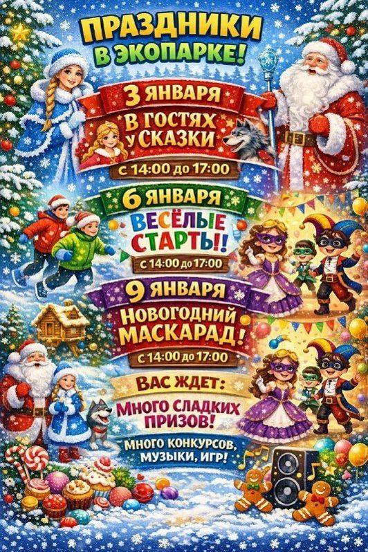 Друзья, в январские праздники Экопарк приглашает вас на волшебные зимние события! Погрузимся в атмосферу сказки, смеха, игры и сюрпризов